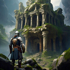 Fantasy scene with medieval knight in the ruins of the ancient temple