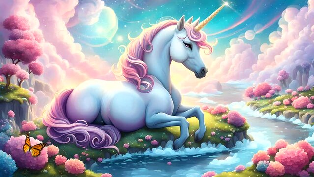 Enchanting unicorn in a vibrant flower field, symbol of magic and beauty