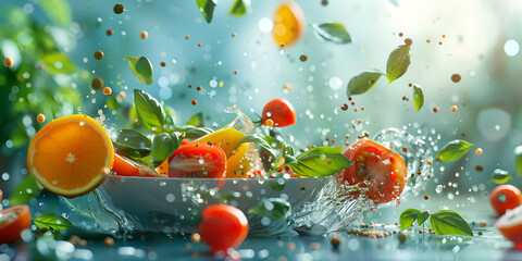 Splash water fresh green vitamin background food healthy strawberry fruit drop
