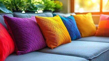 Colorful pillows arranged neatly on a couch in front of a window with natural light streaming in