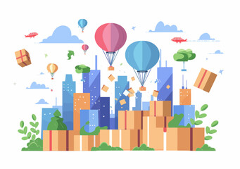 a bunch of balloons flying over a city
