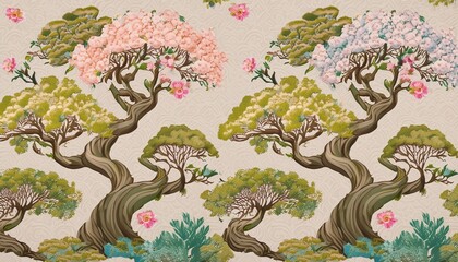 floral seamless pattern blooming fantastic trees chinoiserie style