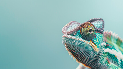 Minimal portrait chameleon on a green background