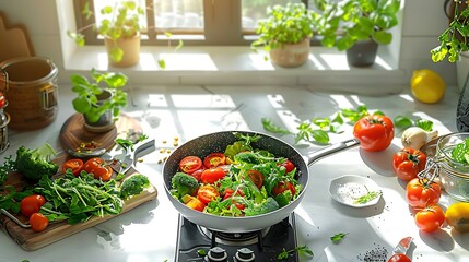 Fresh vegetarian salad with sunlit modern kitchen setting 