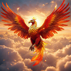 fantasy illustration of a phoenix  flying high in the sky with clouds at sunset