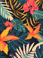 Tropical Floral Pattern with Hibiscus and Palm Leaves