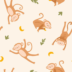 Cute kid's seamless pattern with hand drawn monkey. Children's print. Stock baby illustration. Surface background and wallpaper design.