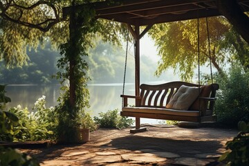 Obraz premium A wooden swing is suspended over a pond, with a bench underneath it