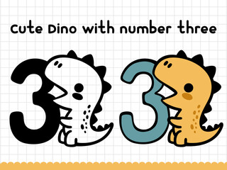 Cute doodle dinosaur with number three for preschoolers. Vector illustration.