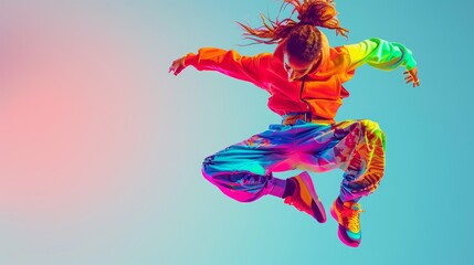 Dynamic female dancer in colorful outfit, great for sports and dance-related campaigns.