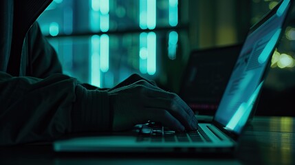 Hand man's using a laptop computer to hack or steal data in the office. Data hacking concept