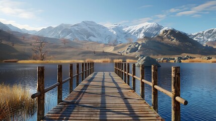 wooden bridge over lake in the mountains