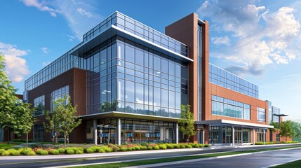 Fototapeta premium modern office building with a glass front and a brick exterior.