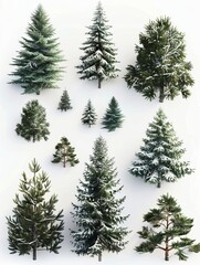 A collection of various pine trees, rendered in a realistic style. The trees are covered in snow, and set against a white background.