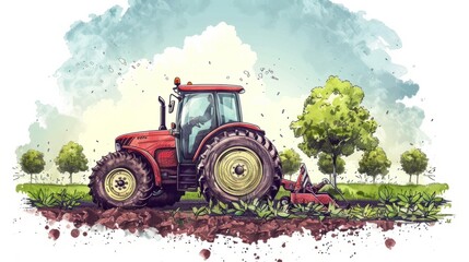 Fototapeta premium The tractor is plowing the field. The sky is blue and the sun is shining. The tractor is red and the field is brown.