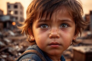 Small sad boy, looking at the destrction brought by war and conflict to his city