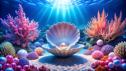 The props set up an underwater scene with pearl shells as a beautiful background.