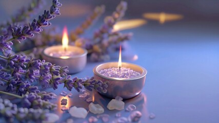 Spa still life with fresh lavender flowers, sea salt and candles on the table, 3D rendering, on the...