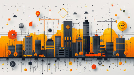 Abstract Urban Landscape with Interactive Technology Icons and Infographics