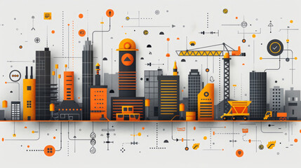 Abstract Urban Landscape with Interactive Technology Icons and Infographics