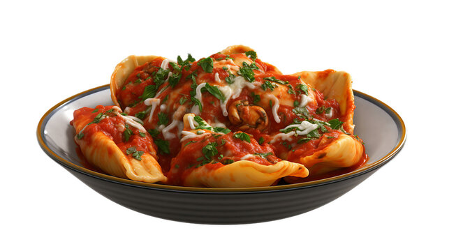 A spinach and ricotta stuffed pasta shells with marinara sauce and a transparent background.