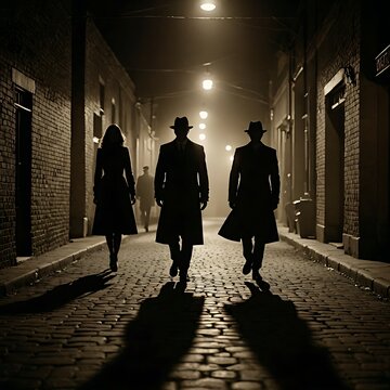 Mysterious people walking on the street wearing black dress and black suit.
