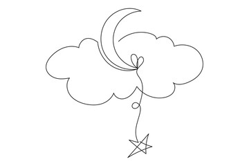 Line Art Moon and Cloud Illustration. Doodle Simple Contour Outline Sketch Isolated on White. Symbol Romantic Dreamy Symbol. Continuous Simple One Line Drawing	
