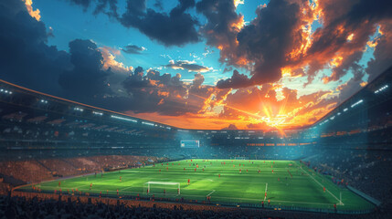 A vibrant sunset illuminates the sky above a soccer stadium filled with spectators.
