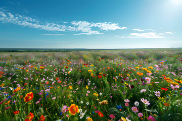 Obraz premium A picturesque natural landscape with a field of colorful flowers under a blue sky, scattered clouds, and lush green grass stretching across the plain