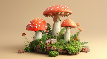 Red and white spotted mushrooms with white stems growing out of a bed of green moss and grass against a beige background