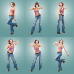 Collage set of happy young woman who is listening to music through red headphones, dancing and singing, isolated on a blue background