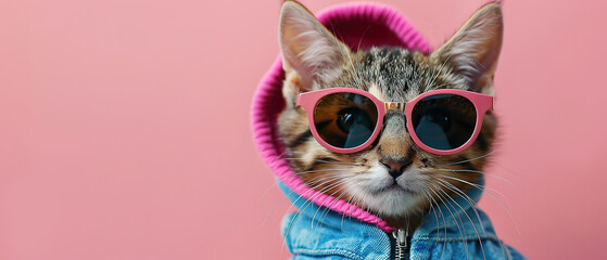 Happy smile kitty Cat wear sunglasses with summer season costume isolated on background, with empty copy space