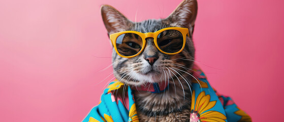 Happy smile kitty Cat wear sunglasses with summer season costume isolated on background, with empty copy space