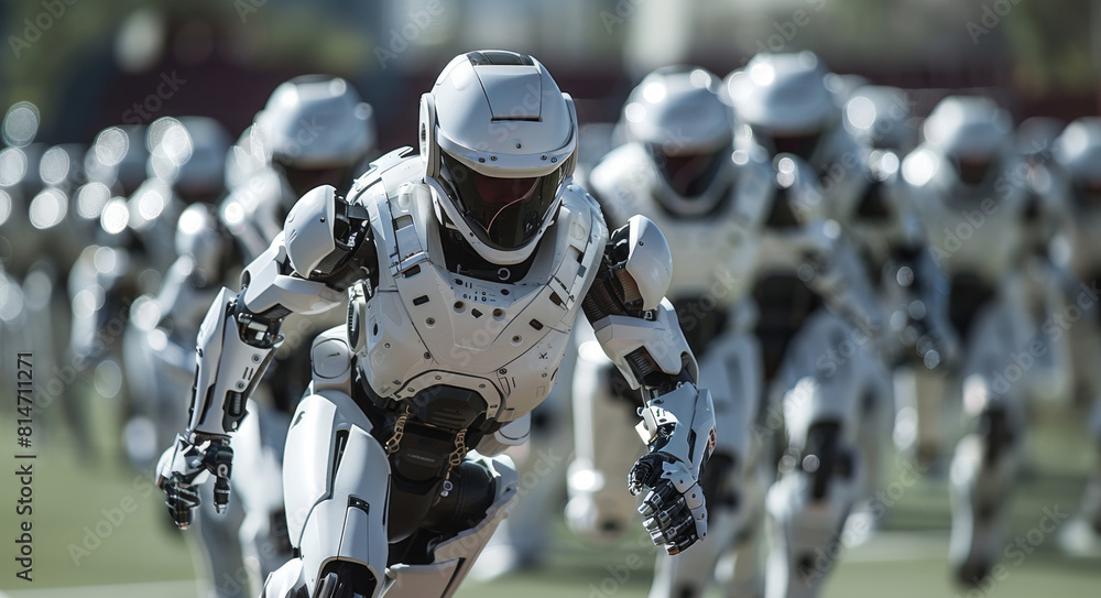 Aufkleber Multiple white robots sprinting across a grassy field in unison.