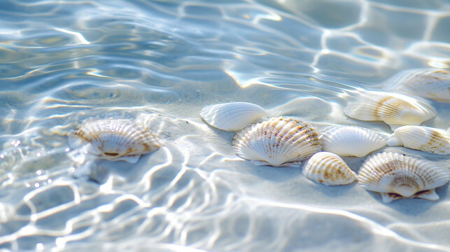 Background of shells on white sand under a layer of clear water, with ripples running through the water.