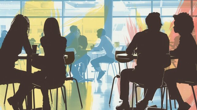Silhouettes of customers enjoying meals and drinks at tables inside a restaurant.