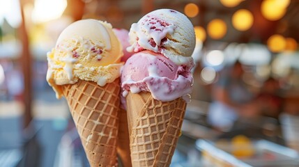Colorful ice cream truck with assorted flavors in a charming seaside parlor setting