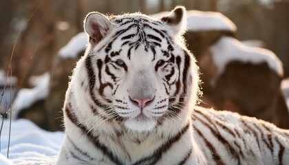 Fototapeta premium Un gros plan d'un tigre blanc qui rugit dans la neige