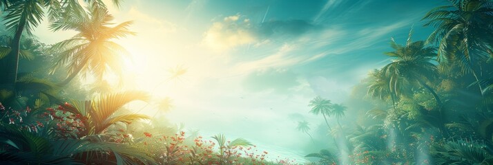 Tropical paradise  vibrant scene with palm trees, exotic flowers, wildlife for summer vacation vibes