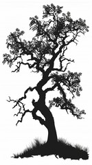 Create a minimal vector illustration of a large, dead tree with gnarled branches against a white background.