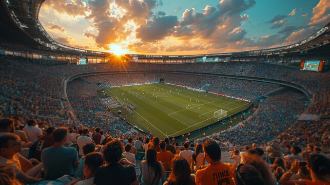 Fototapeta A large soccer stadium filled with cheering fans at sunset, watching an intense match unfold on the field.