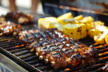 Vibrant backyard bbq celebration  friends and family enjoying grilled food, drinks, and company