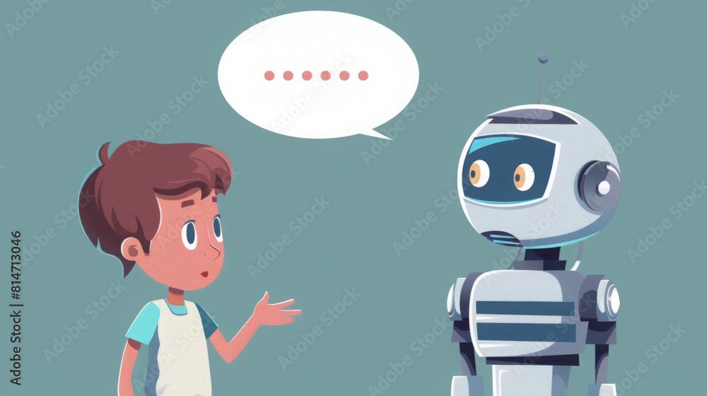 Poster a young boy is engaged in conversation with a robot, with a speech bubble above them. the boy appear