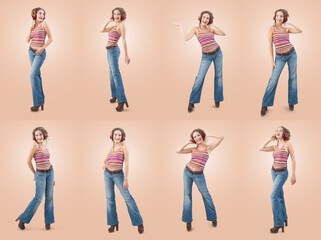 Collage set of happy young woman who is listening to music through red headphones, dancing and singing, isolated on a pink background