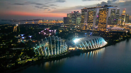 Sunset aerial view of Marina Bay and Singapore skyline
