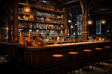 Inviting bar scene, highlighting a well-stocked bar with glowing candles and ambient lights