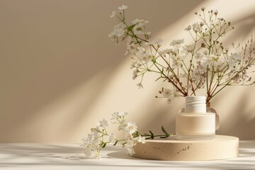 A vase of flowers sits on a pedestal in front of a wall, free space for text