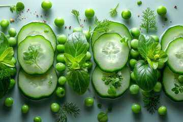 AI generated illustration of cucumber slices with herbs and peas