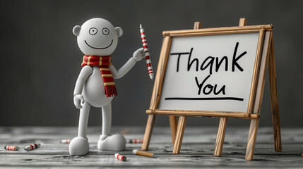 White Character Writing 'Thank You' on a Desk with Greenery