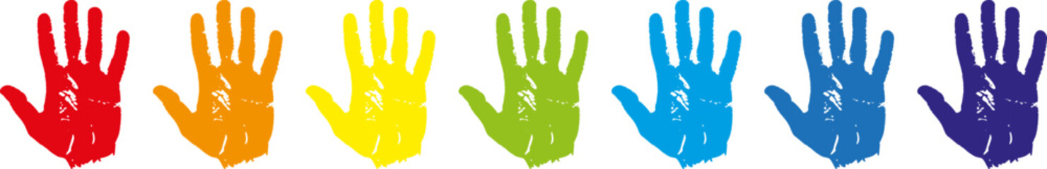 Multicolored prints of hands on transparent background. Colored children's handprint. Bright handprints. Symbol of friendliness. Vector illustration EPS 10